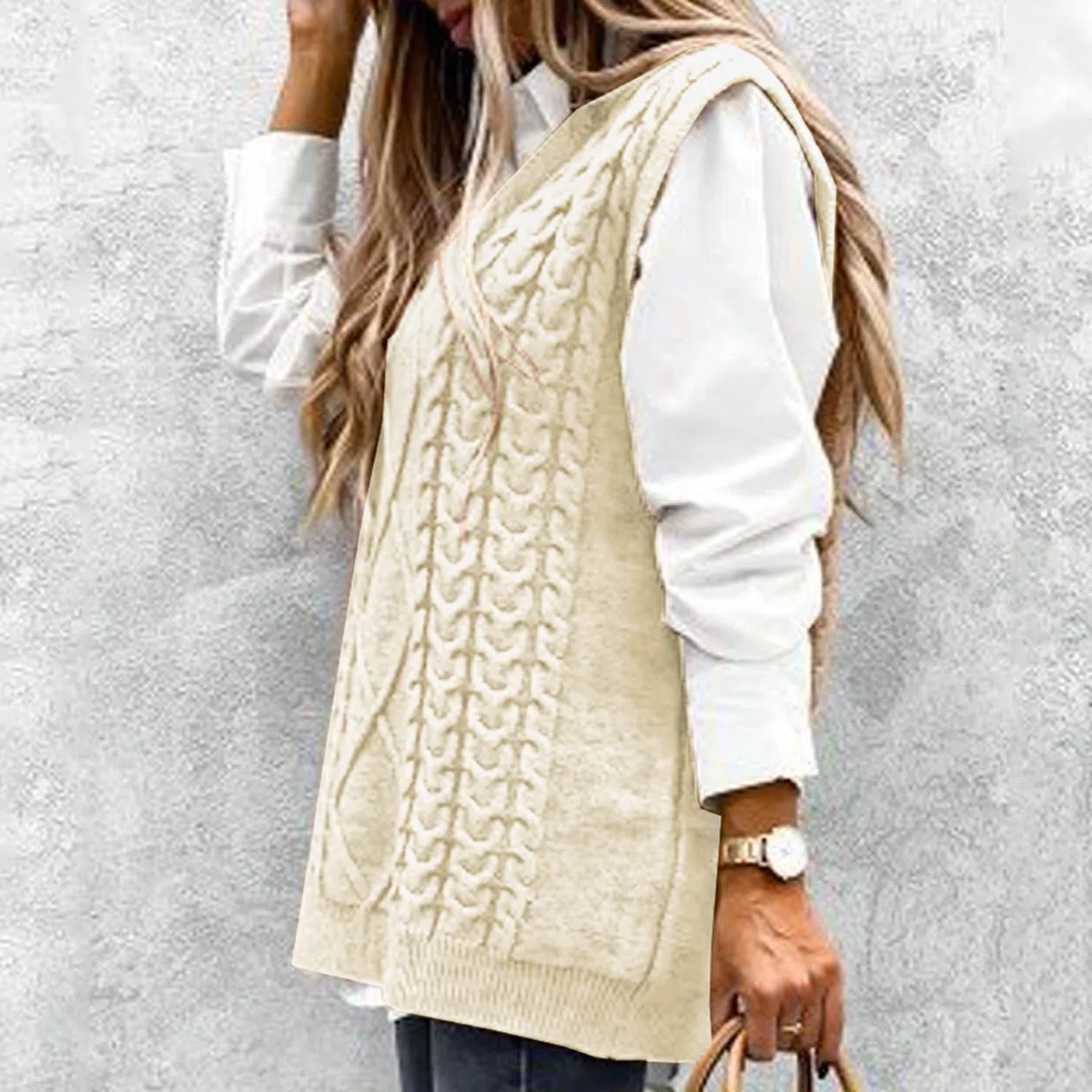 Voqeen Maglione Senza Gilet in Maglia da Donna Maniche Lavorato a Maglia Scollo a V Elegante Maglia Classico Gilet Maglioni Lungo Maglieria Autunno Inverno Pullover Smanicato