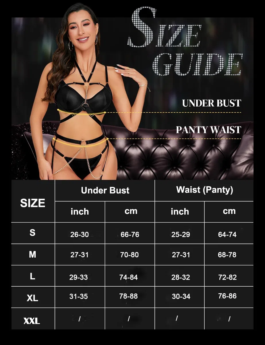 Completo Intimo Donna Set di Lingerie Sexy 7 Pezzi di Lingerie Esotica con Reggiseno con Ferretto e Mutandine con Catena a Girocollo Rimovibile, Polsini per Le Cosce, Calze