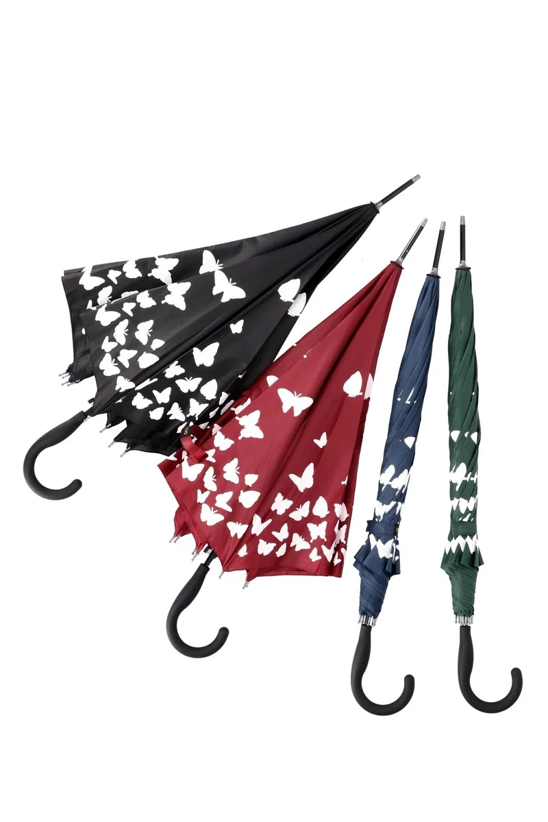Ombrello Automatico Lungo con Fantasia Idroreattiva Farfalle – Si Colora con la Pioggia – Tessuto 100% Pongee, Manico Curvo Antiscivolo – Nero, Blu, Verde, Rosso Bordeaux