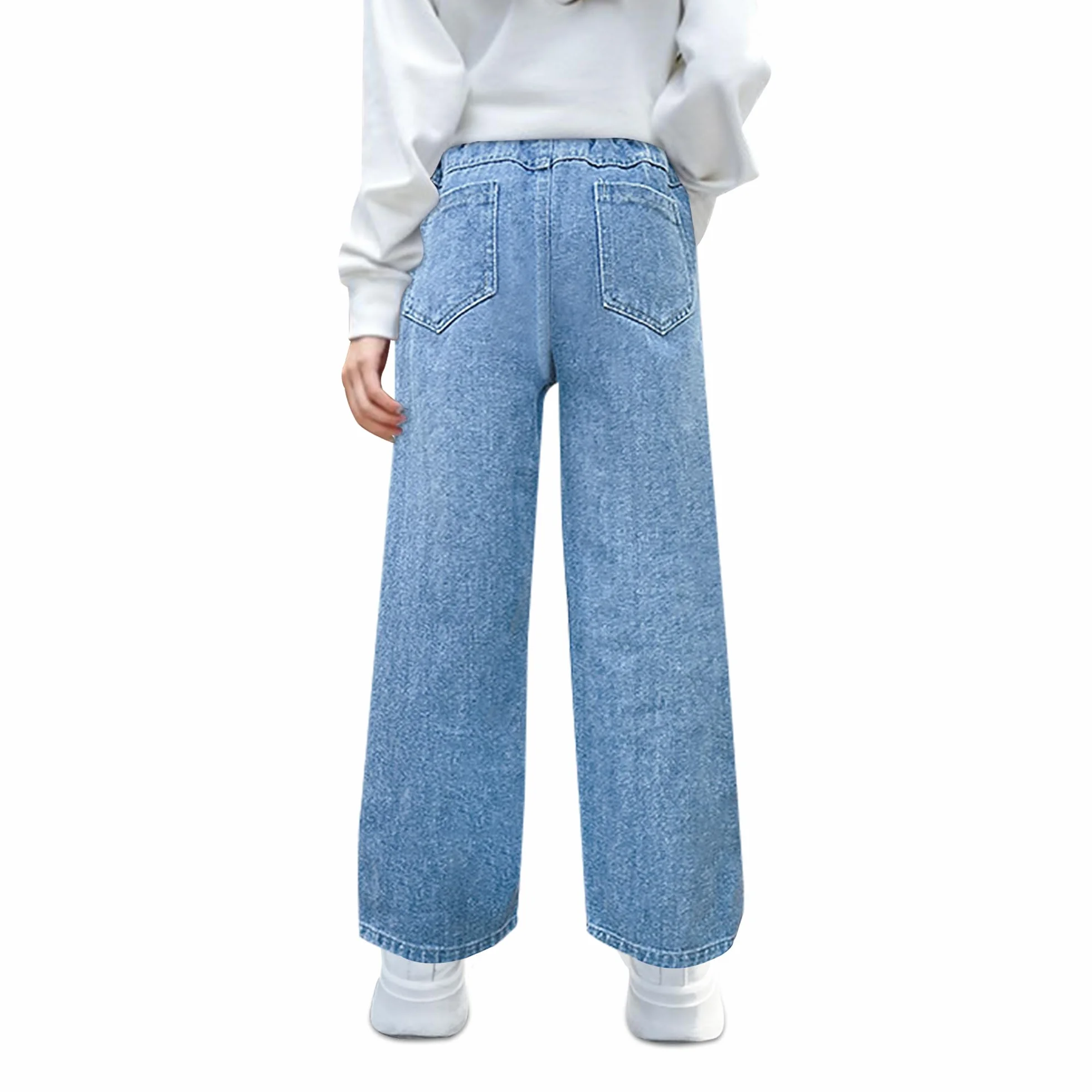 Jeans Ragazze Bambina Baggy Denim Pantaloni Gamba Larga Lunghi Jean con Vita Elastica Stretch Denim Pants con Tasche Larghi Casual Blu Pantaloni Moda Streetwear per Bambini 6-14 Anni