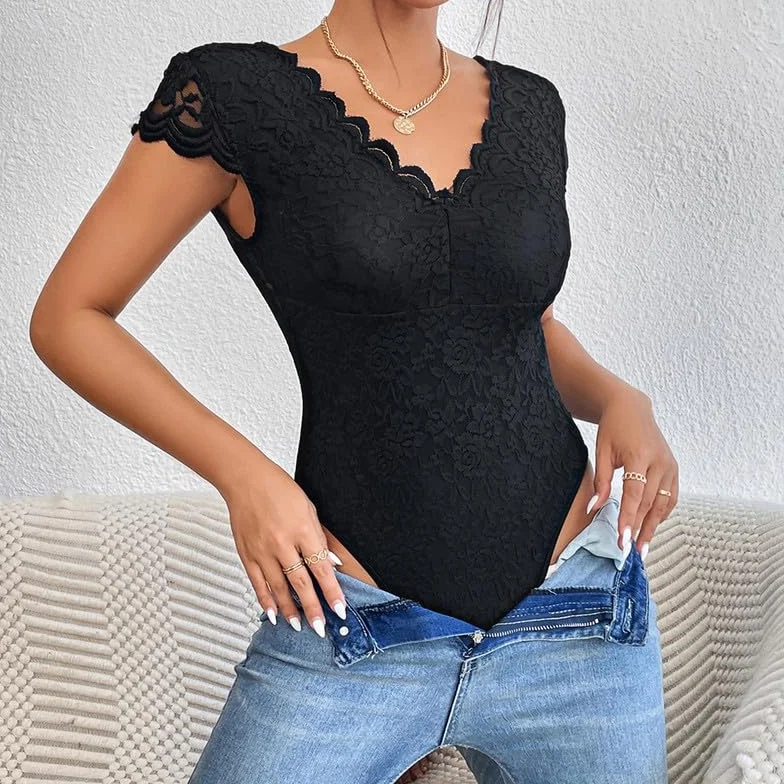 Haibang Body in Pizzo da Donna Sexy Scollo a V Bodysuit Top Floreale Aderente Camicetta a Maniche Corte Body Sottogiacca Elegante Cami Camicie Maglietta Blusa Clubwear