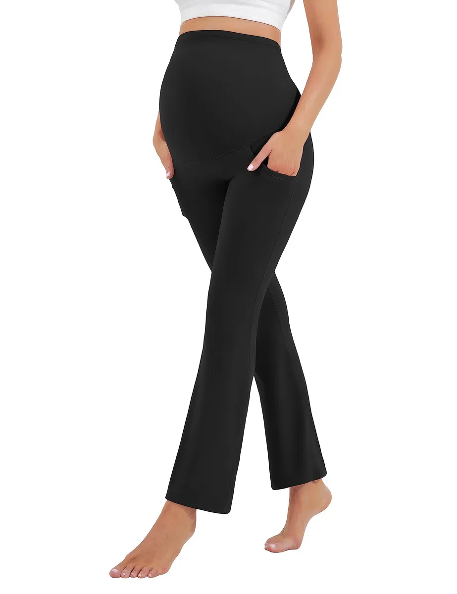 HEGALY Women's Maternity Flare Leggings Over The Belly - Casual Pregnancy Yoga Pants with Pockets Buttery Soft