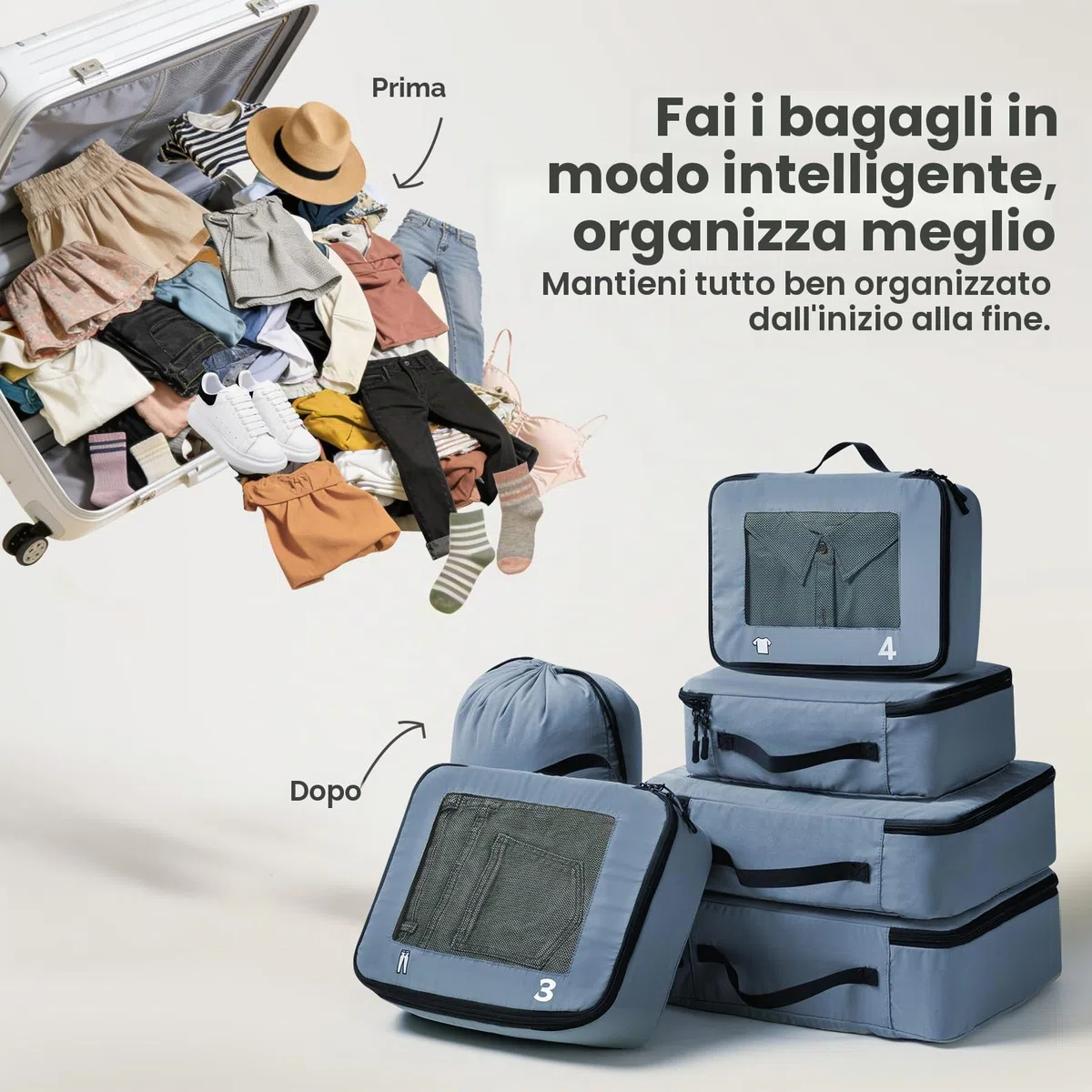 Organizer Valigia 8 Pezzi Packing Cubes, organizer da Viaggio Organizer Valigia Salvaspazio Accessori da Viaggio per Zaino Suitcase Blu