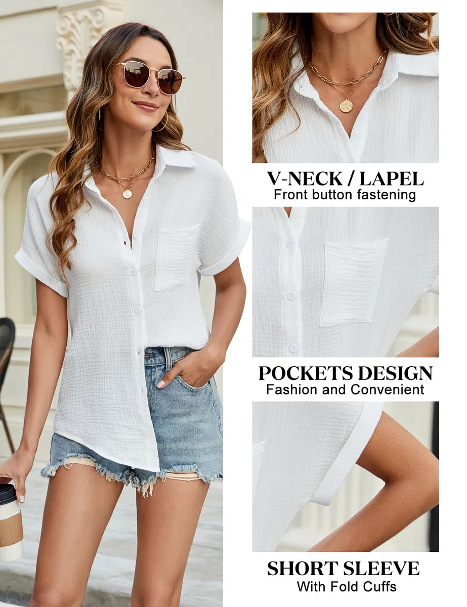 Camicia Donna Estiva Camicetta Manica Corta da Donna Casual Cotone Elegante Blusa con Scollo a V Maglietta con Bottoni Moda Tinta Unita Tunica Classico Top T Shirt