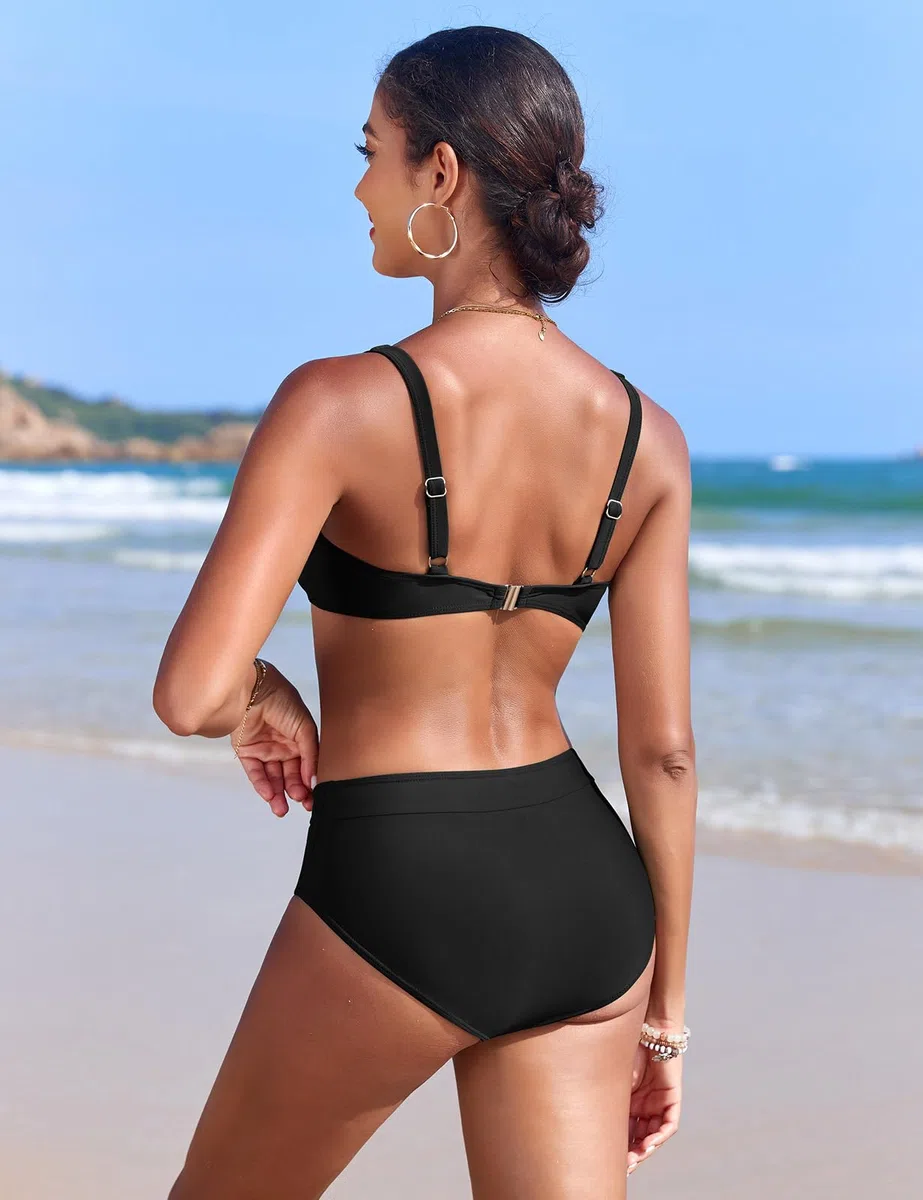 Svanco Costume Donna Due Pezzi Bikini Vita Alta, V-Apertura con Croce e Design Color Block, Costumi Bagno Curvy per Mare e Piscina