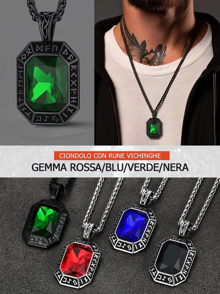 FaithHeart Collana Uomo Vichingo Pendentivo in Ottagono Cristallo Rosso Smeraldo Ossidiana con Rune Vichinghe Accessorio Moda Unico Perfetto per Regalo Stile Personale