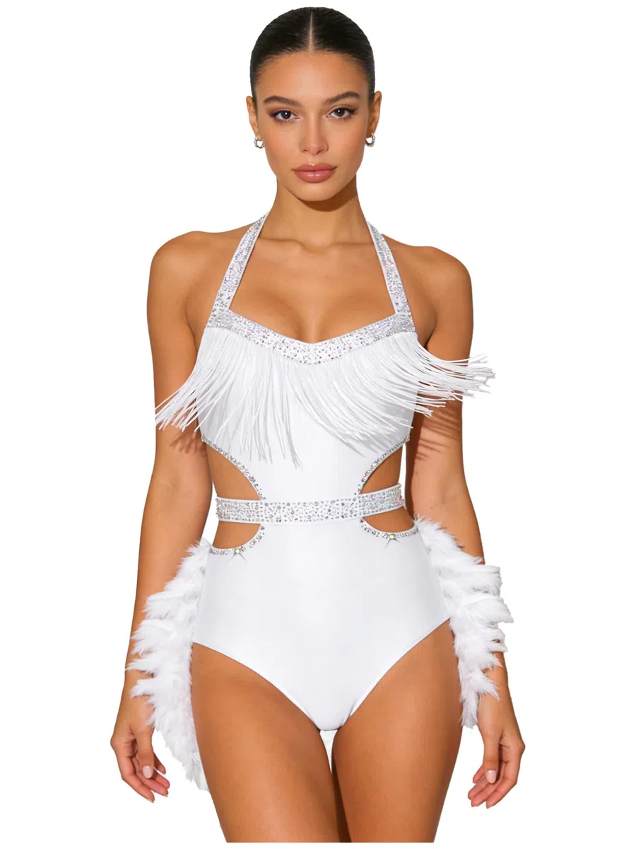 Freebily Abito da Ballo Latino Americano Donna con Piume Vestito Danza Moderna Jazz Collo Halter Body Ginnastica Ritmica con Strass Balletto Leotards Abito da Pattinaggio