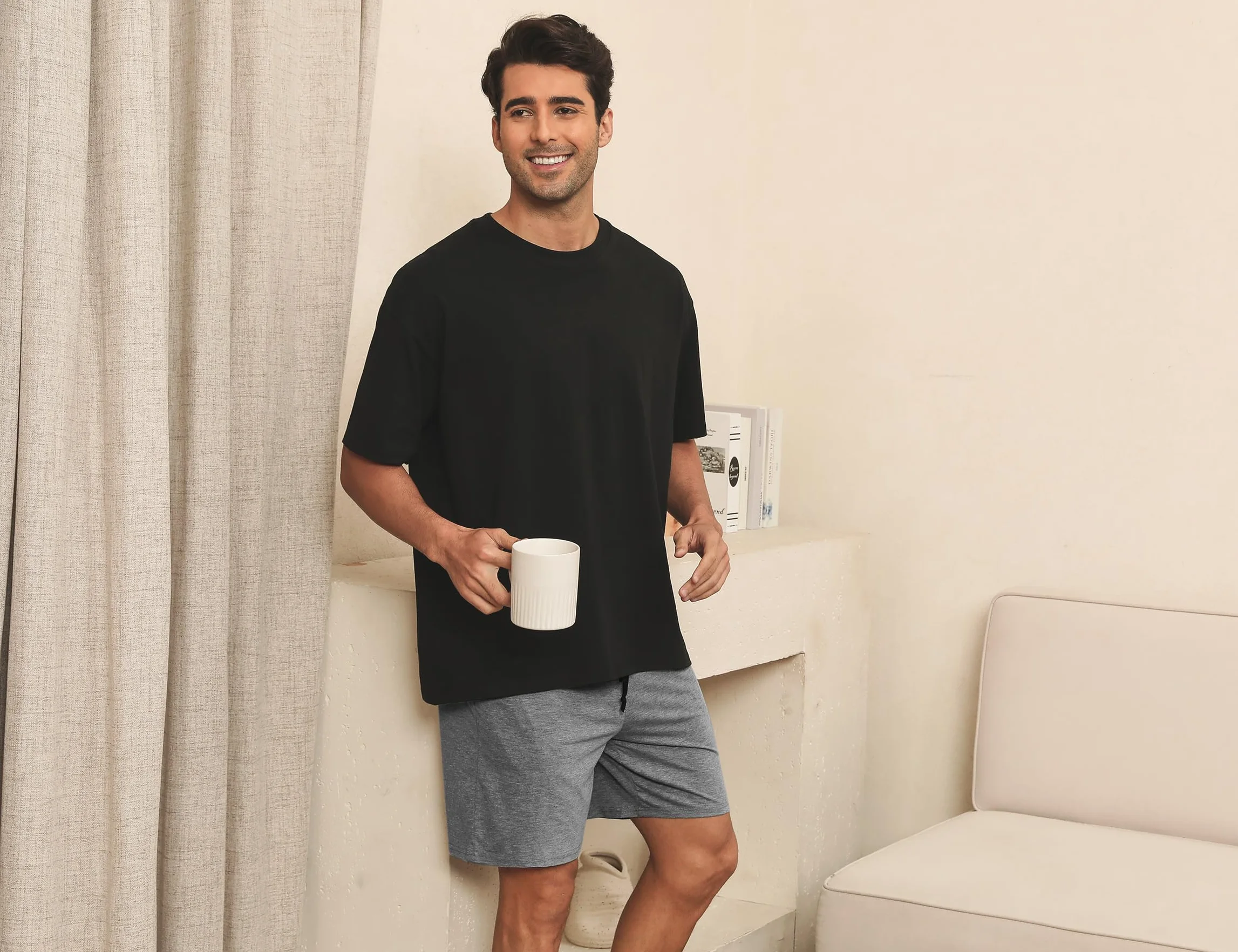 Nieery Pantaloncini Pigiama Uomo Cotone Pantaloncini Casual Corto Estivo Uomo con Tasche e Cintura in Vita，Due pacchi