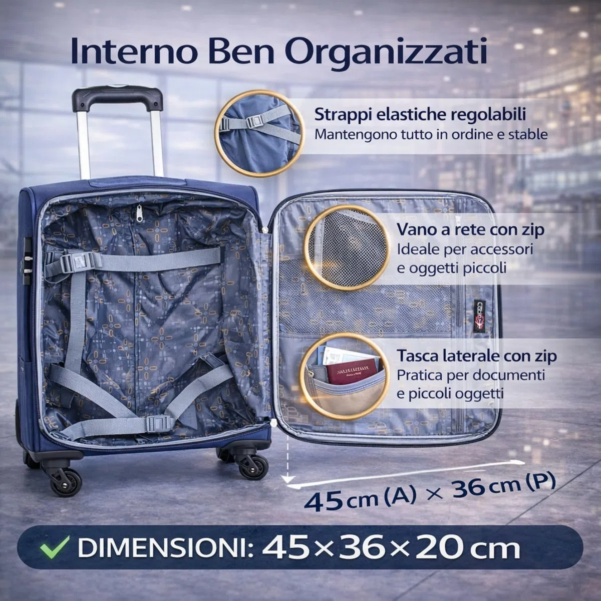 Cabin Go - trolley bagaglio a mano easyjet 45x36x20 30L - valigia bagaglio a mano in tessuto - maniglia telescopica - ultra leggero