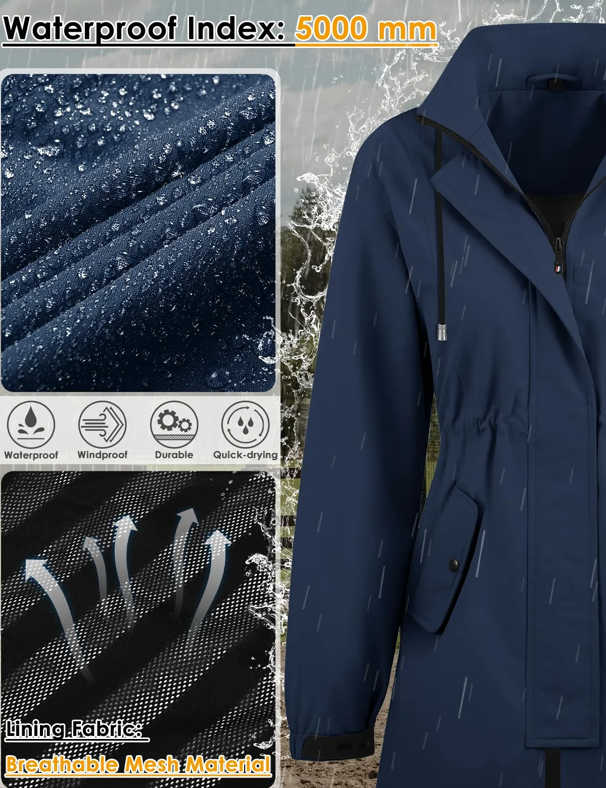Tuopuda Giacca da Pioggia da Donna Lungo Cappuccio Impermeabile Antipioggia Donna Giacca a Vento Cappuccio Mantella Leggera Poncho Impermeabile per Campeggio all'aperto Escursionismo