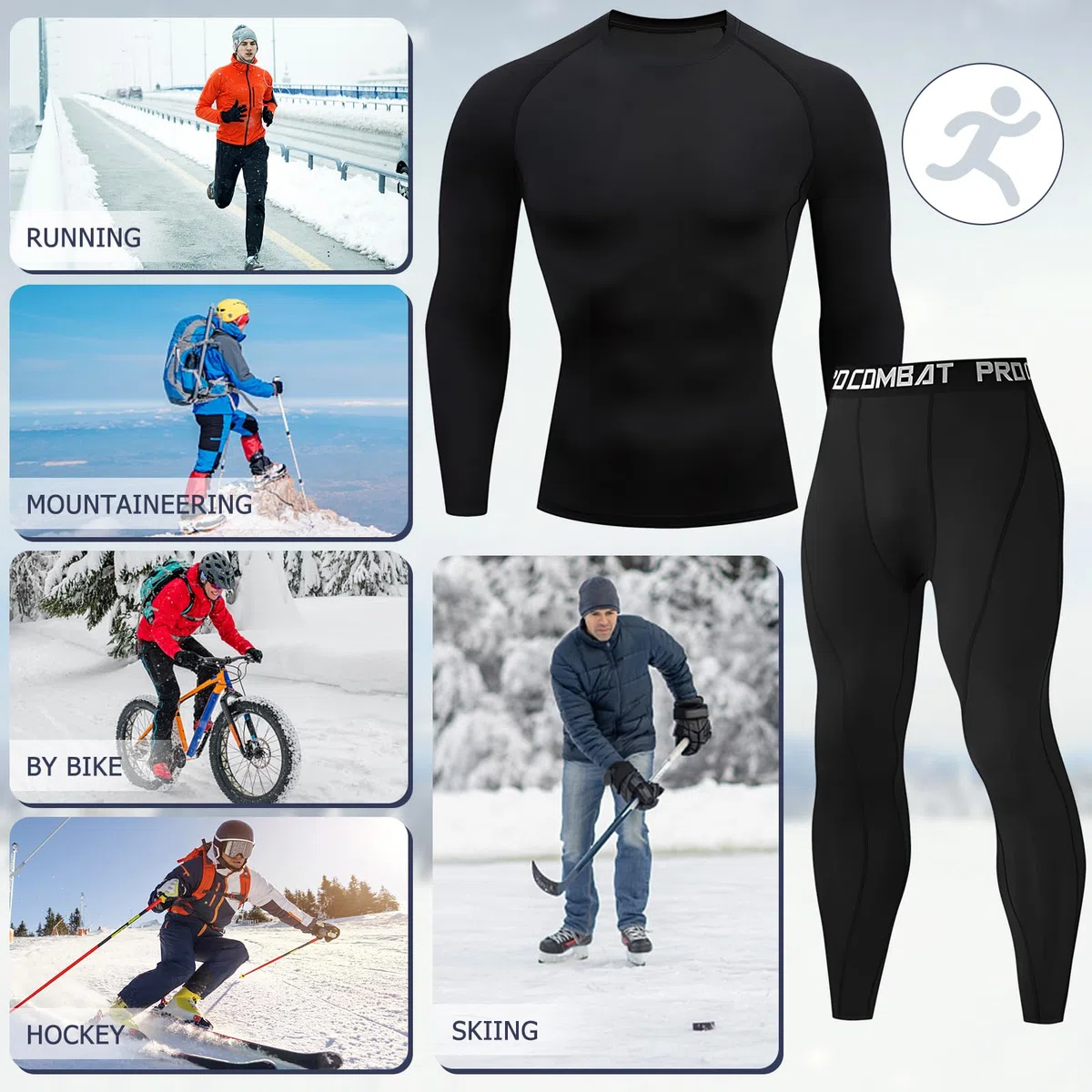 Set di Intimo Termico Uomo Invernale Biancheria Termica Pantaloni Traspirante Asciugatura Rapida per Sportiva Sci Allenamento Corsa Ciclismo Trekking
