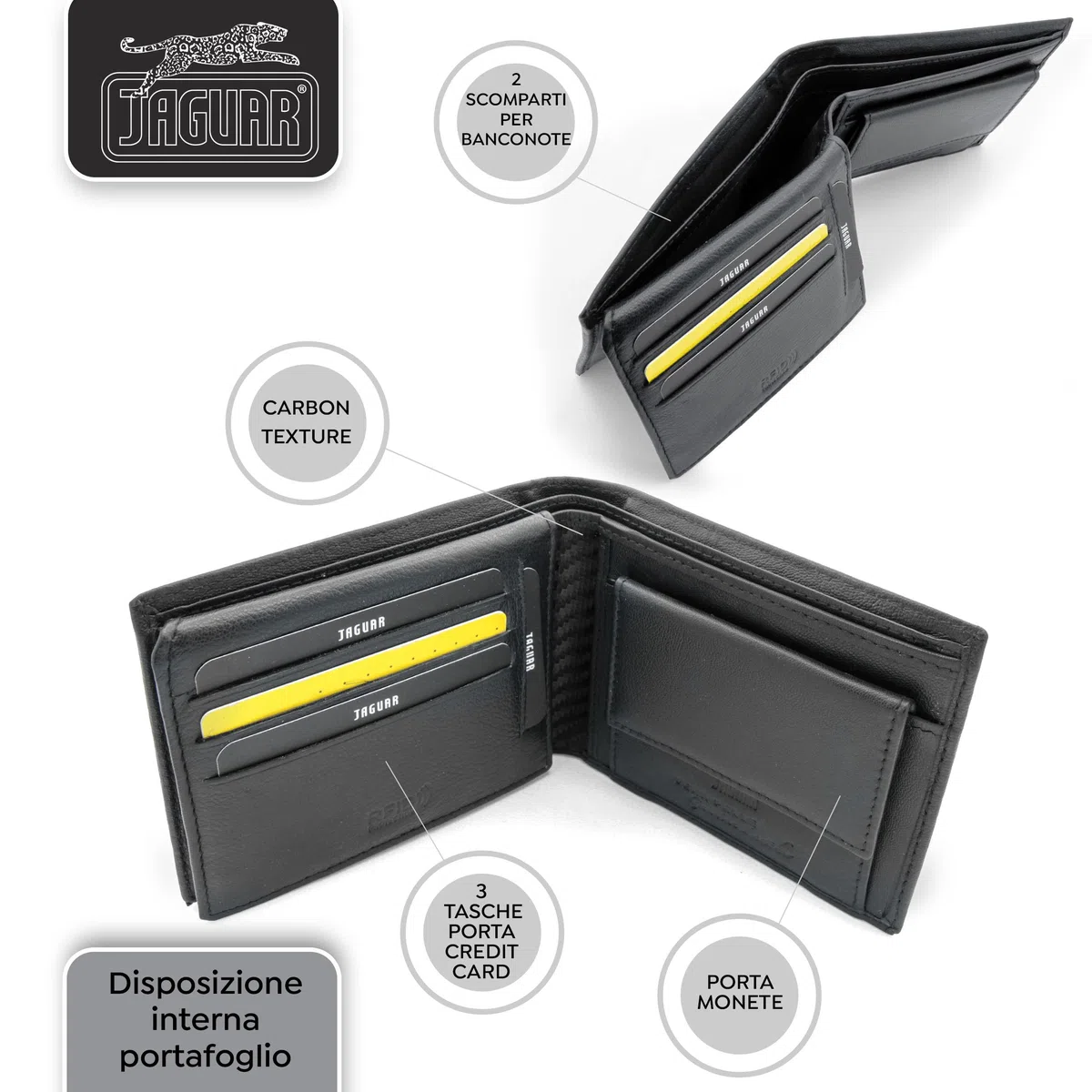 JAGUAR Portafoglio Uomo Pelle Vera Dotato di Scomparti Carte, Portamonete Banconote e Documenti, Idea Regalo Uomo dal Design Classico e Raffinato, Leggero (soli 75gr) Nero