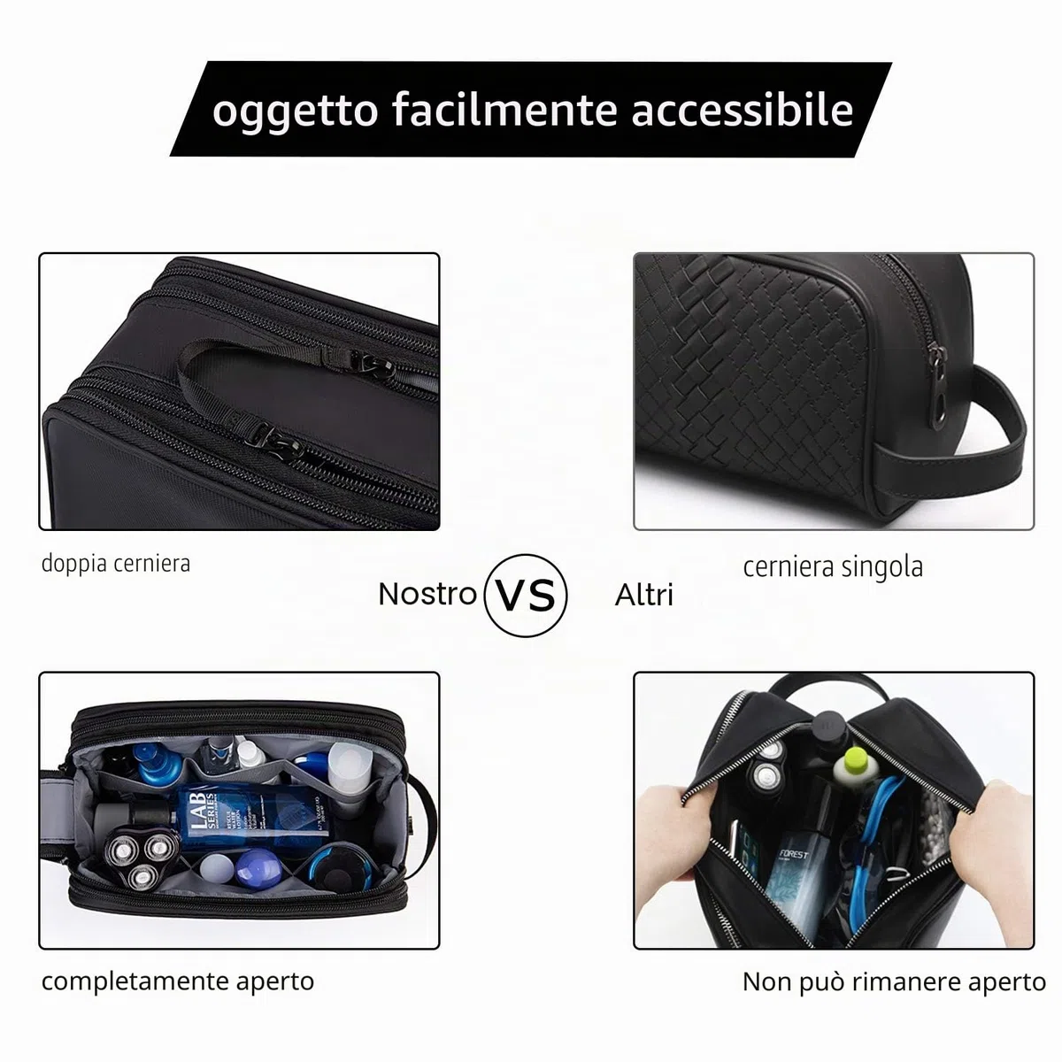 BAGSMART Beauty Case da Viaggio Uomo Donna, Borsa da Toilette con Doppia Apertura A Cerniera, Borsa per Cosmetici, 5 L, Pellicola in Pelle Nera