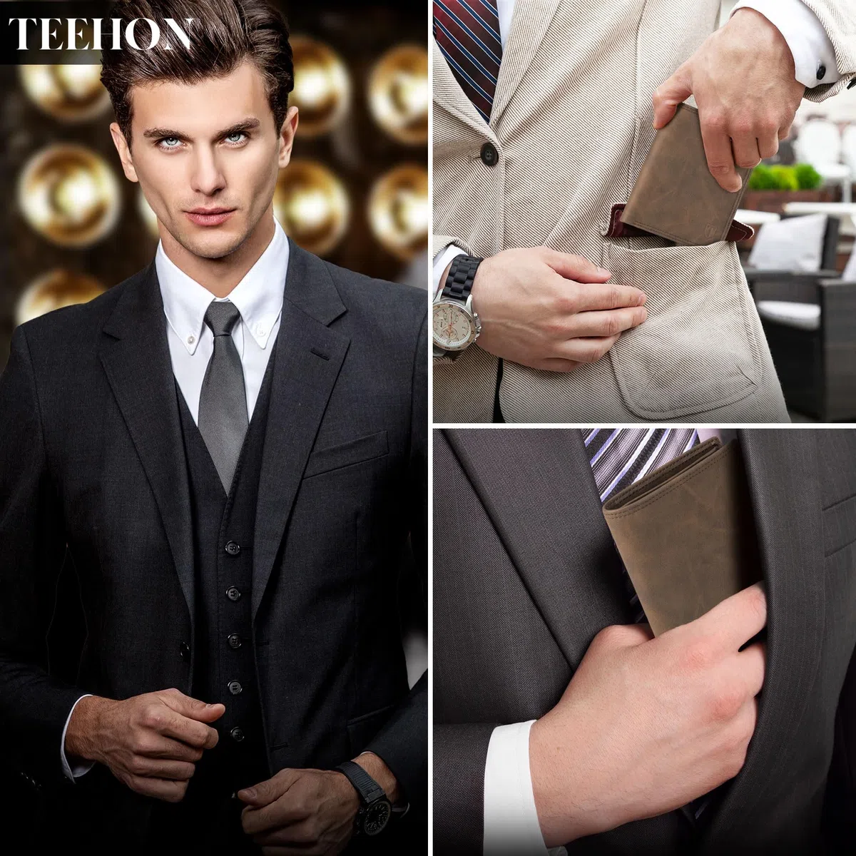TEEHON Portafogli Uomo, RFID Pelle Portafoglio Uomo Slim con 12 Porta Carte di Credito Uomo, 1 ID Window & Foto Window, 1 Tasca Portamonete, 2 Scomparti per Banconote, Confezione Regalo - Marrone