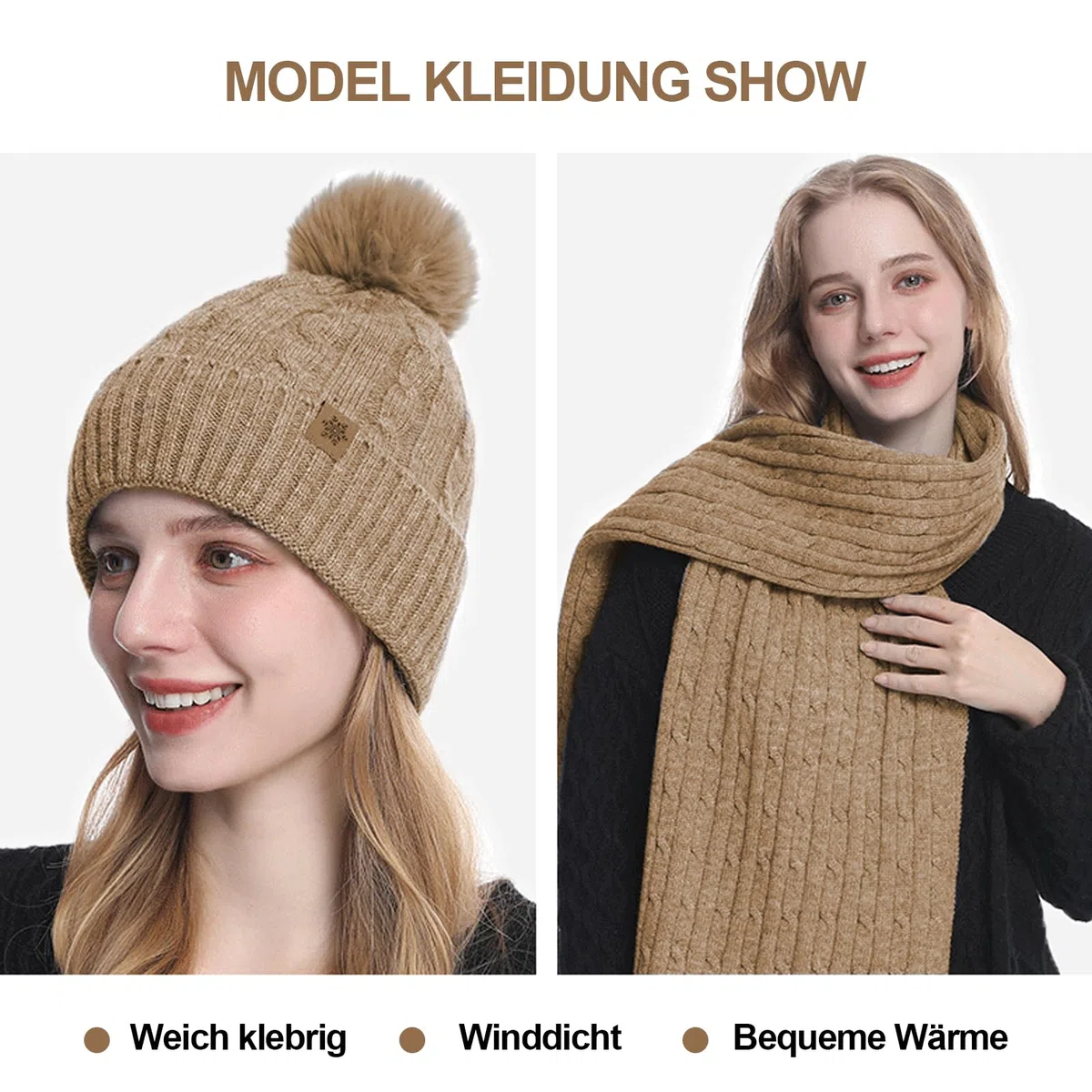 HOSPAOP Set Invernale Donna 3 in 1 – Berretto con Pompon, Sciarpa Lunga e Guanti Touchscreen, Cappello Invernale Donna a Maglia con Fodera in Pile, Accessori Caldi per Esterno e Quotidiano