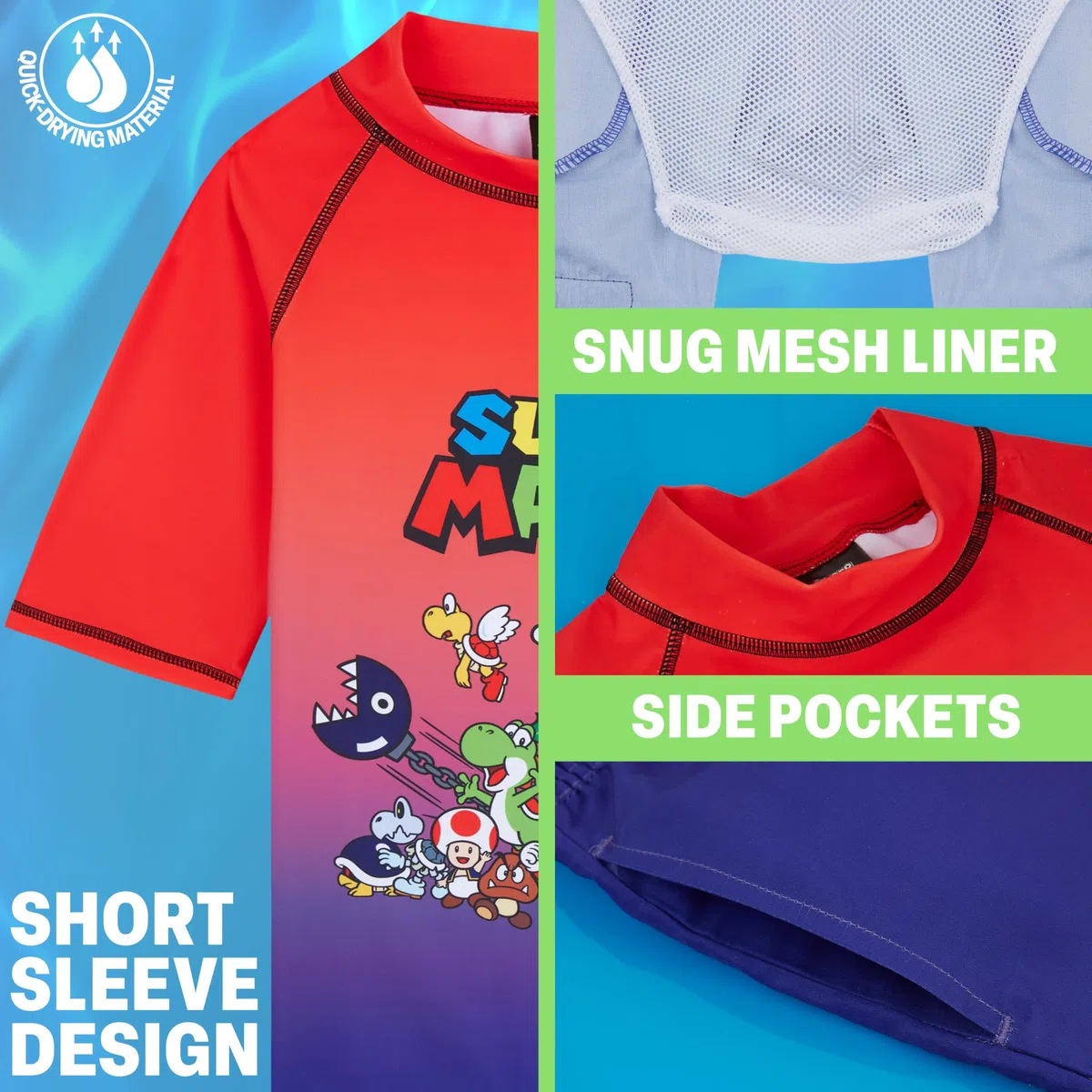 Get Trend Super Mario - Costume da bagno per ragazzi, 2 pezzi, a maniche corte, rash guard e costume da bagno, UPF 50+, accessori per piscina e spiaggia