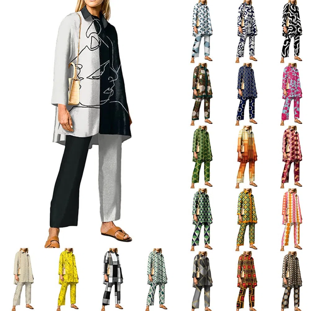 ORANDESIGNE Donna Abito Stampato Completo Due Pezzi Moda Camicie con Bottoni e Pantaloni a Gamba Larga con Elastico in Vita Set 2 Pezzi Tuta Abbigliamento Casa Strada