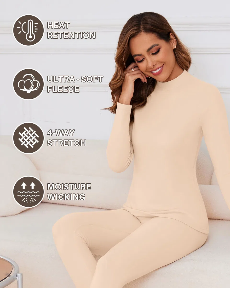 WOWENY Biancheria intima termica da donna in pile, biancheria intima invernale calda, funzionale, con colletto alto e pantaloni termici, leggings per tutti i giorni, sci, escursionismo