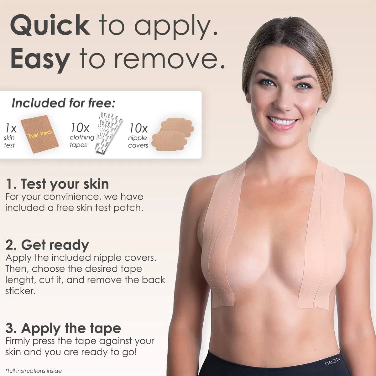 NEATS Boobytape ipoallergenico per sollevamento del seno, senza cuciture, senza spalline, per petto, corpo, vestito, top, nastro di sollevamento per donne con copertura per capezzoli e nastri alla