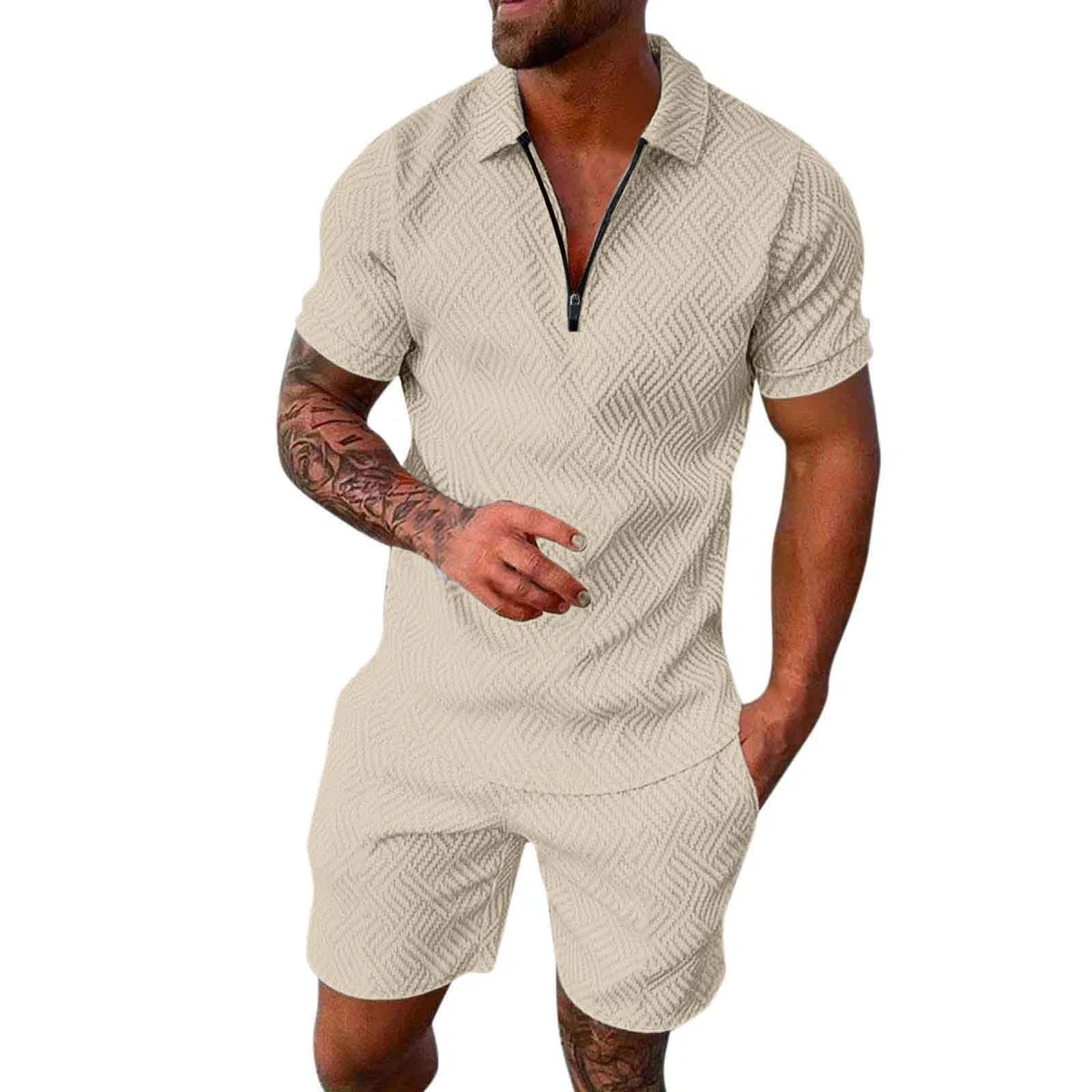 WWricotta Tuta Uomo Sportiva Maniche Corte Cerniera T-Shirt e Pantaloncini Estiva 2 Pezzi Set Completo Completa Cotone Leggero Tute Due Maglietta E Complete