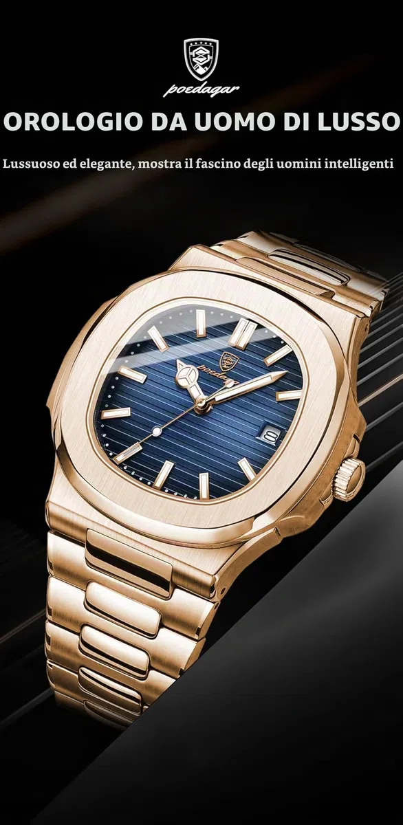 Poedagar Orologio da polso da uomo alla moda, cinturino in acciaio inox, al quarzo, impermeabile, luminoso, con data, quadrato, da uomo