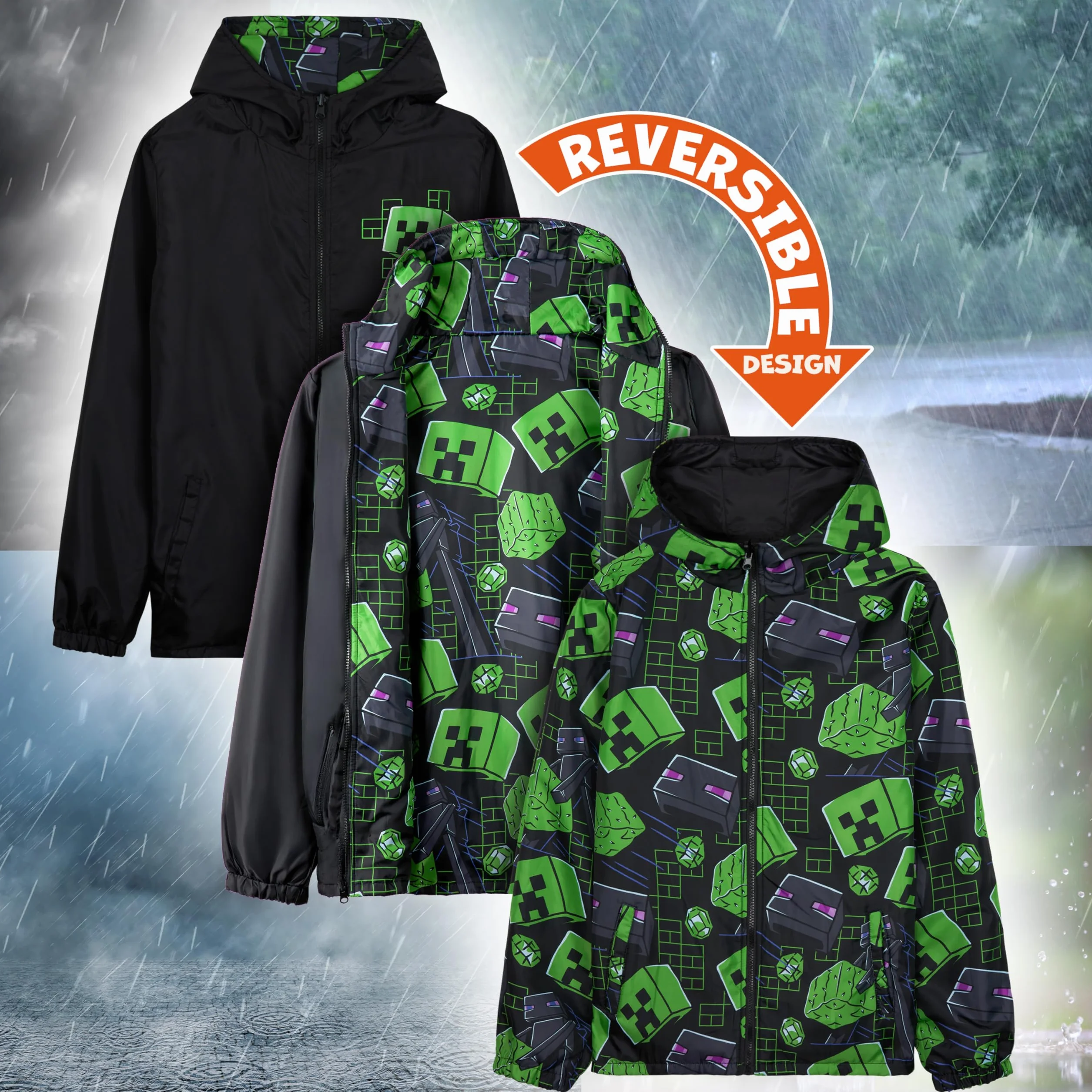 Get Trend Fortnite | Minecraft | Pokemon Giacca Impermeabile Bambino, Giacca Antipioggia con Fodera in Pile o Reversibile, Regalo Ragazzo