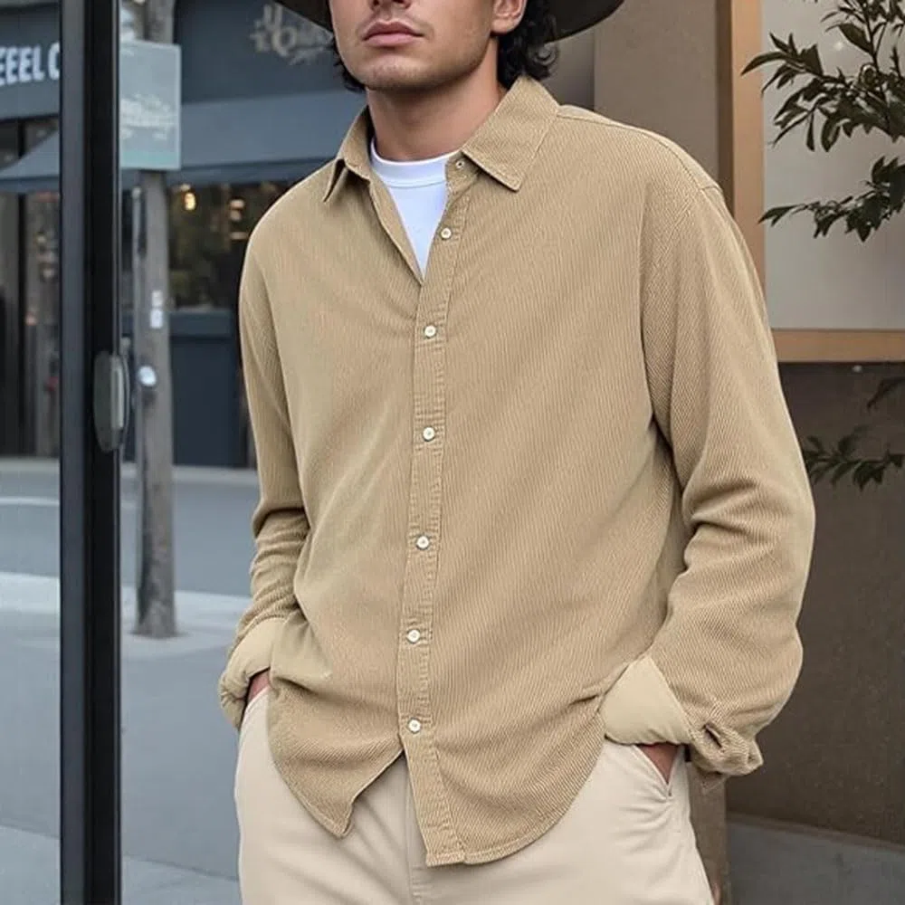 Camicie a Maniche Lunghe da Uomo con Motivo a Nido d'Ape, Camicie con Bottoni, Camicie con Texture, Eleganti Camicie Casual Urbane da Uomo in Velluto a Coste a Maniche Lunghe per Tutti i Giorni