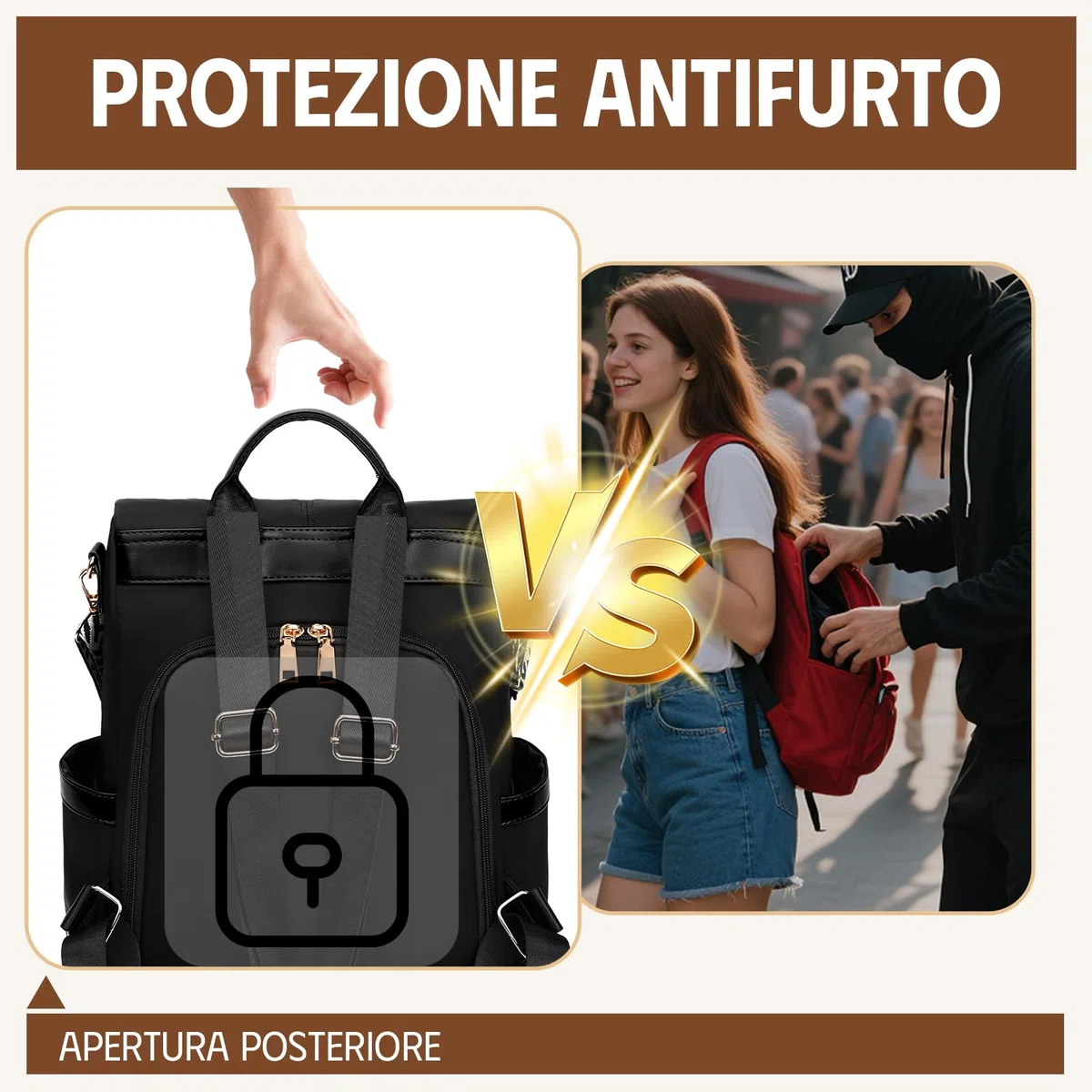 Zaino Antifurto Donna, Borsa Zaino Donna Elegante, Zainetto in Nylon, Zaini Piccola Casual Impermeabile con Custodie RFID, Convertibile da Spalla, Mano e Tracolla per Lavoro Viaggi Sportivo Scuola