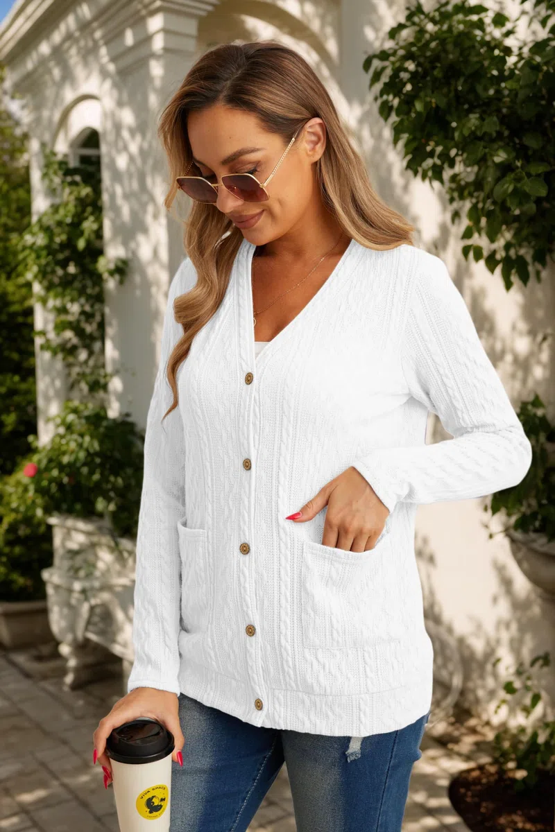 Cardigan Donna Giacca Maglioncino Cotone Donna Leggera Elegante Attorcigliato Casuale Solido Cardigan per l'Autunno con Bottoni, Scollo a V e Pratiche Tasche