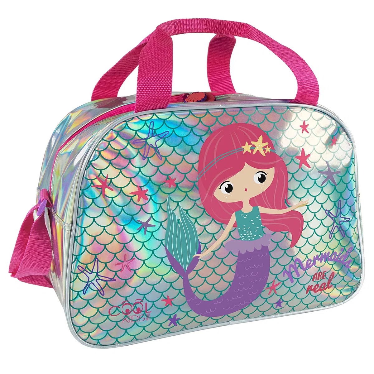 PERLETTI Borsa sportiva per bambini, ragazza, rosa o argento, borsa da viaggio e tempo libero a tracolla per ragazza, unicorno o sirena, borsa da palestra riflettente con stelle e paillettes, 28 x 41