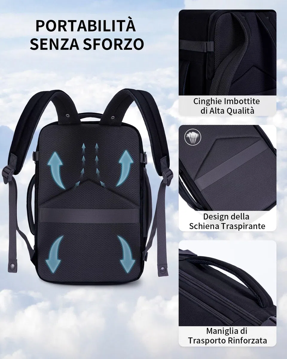 ECOHUB Zaino Ryanair 40x20x25 Bagaglio a Mano 40x20x25 Ryanair Zaino da Viaggio Valigia Bagaglio a Mano Borsa da Viaggio Borsa tote ecologica in PET riciclato da 20 litri,Brevettato, Nero