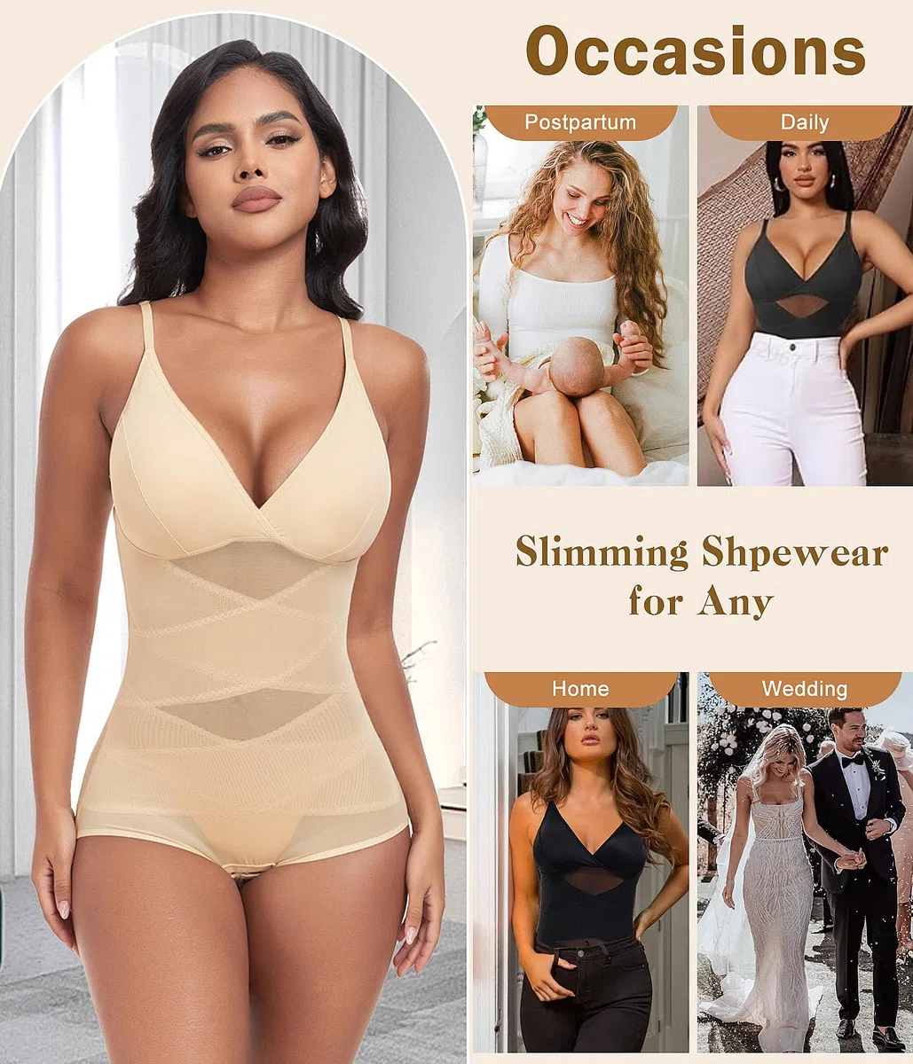 Body Contenitivo Modellante Donna Curvy Intimo Bodysuit Shapewear Guaina Contenitiva Dimagrante Spallino Regolabile Snellente Sheer Mesh Pancia Piatta Invisibile Shaper