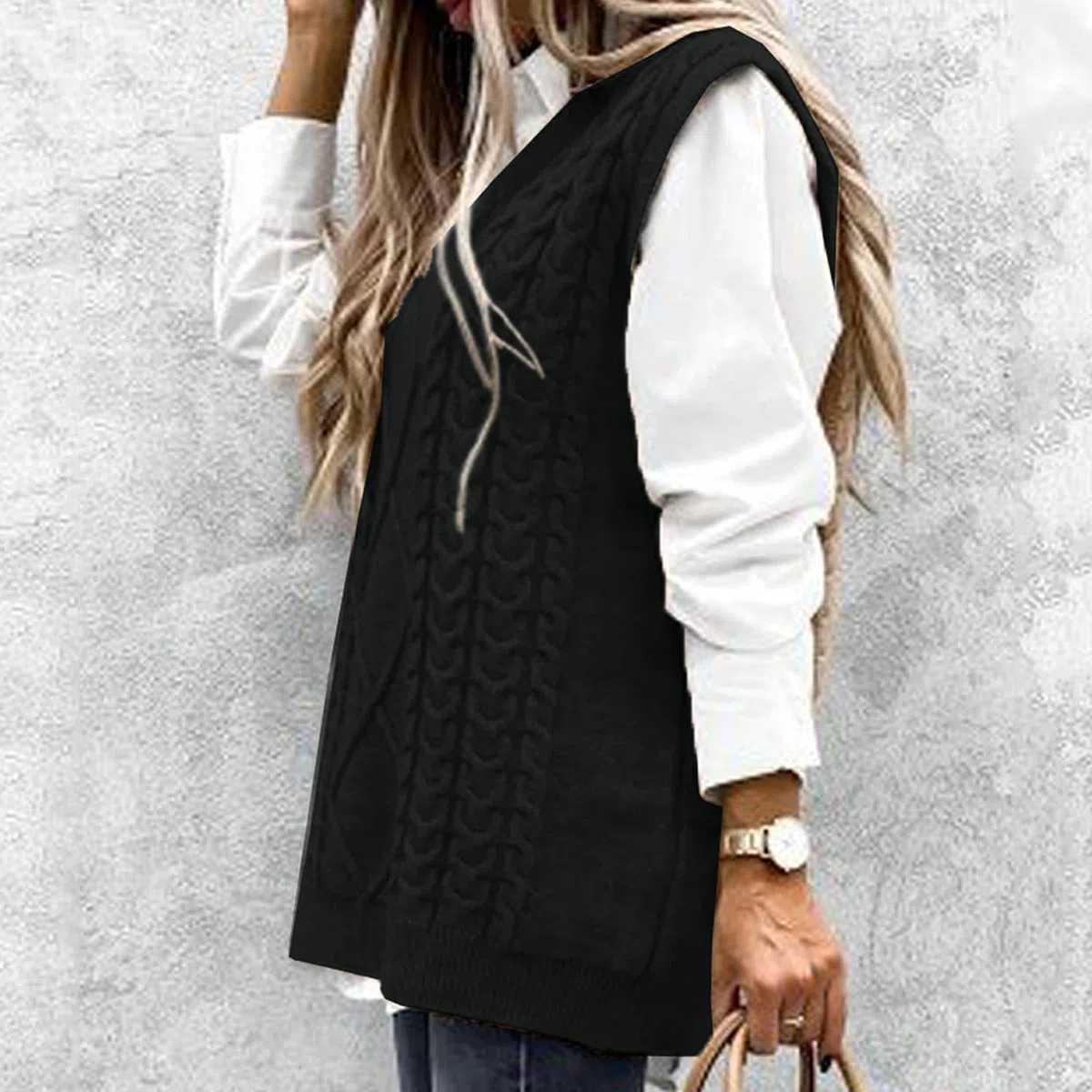 Niwicee Maglione Senza Gilet Donna Scollo a V Pullover Maglioni Invernali Maniche Maglione Smanicato Invernale Elegante Maglia Gilet Smanicato
