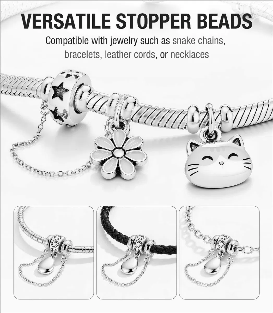 LOVANS Charms Stopper 925 Catena di Sicurezza in Argento Sterling con Perline di Gomma Intercalare per Braccialetti di Fascino in Argento Sterling Europeo Stopper
