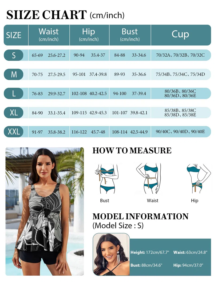 Nadeer Costume da Bagno Donna Due Pezzi Sexy Tankini Set Scollo a V Coulisse Push up Costumi da Mare Stampa Floreale con Pantaloncino