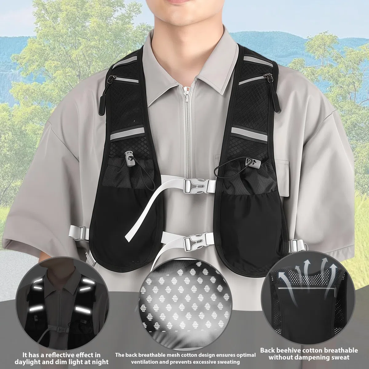 Wyety, Gilet da Corsa per Uomo e Donna con Zaino Riflettente Ultraleggero, 2 Bottiglie d'Acqua da 480 ml, Regolabile per Ciclismo, Maratone, Nero