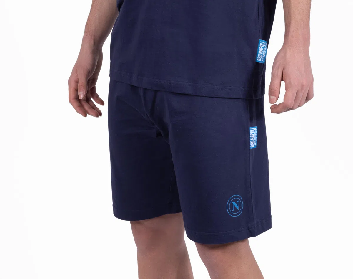 SSC Napoli, Pigiama Homewear Corto Girocollo in Jersey, 100% Cotone, Unisex, Blu, con Logo del Napoli