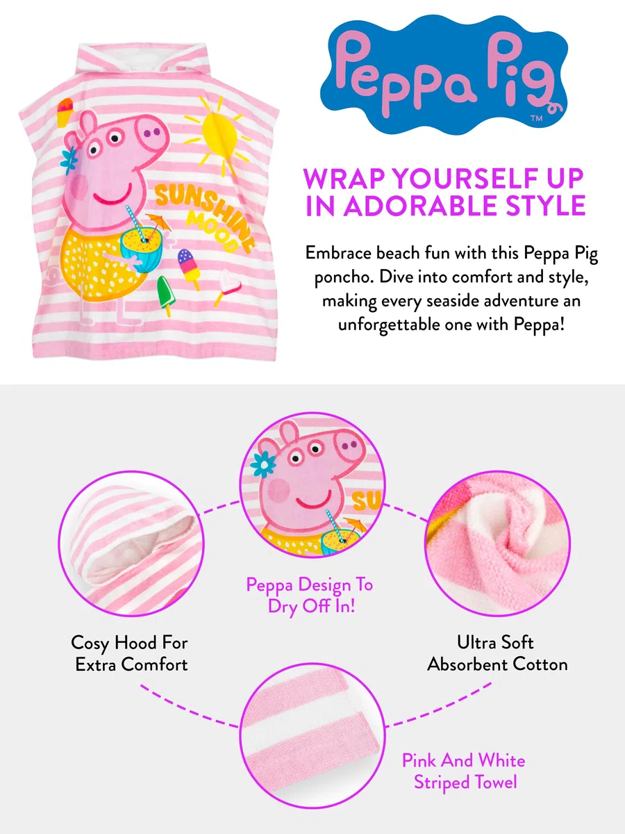 Peppa Pig Poncho Con Cappuccio Asciugamano Poncho Bambina | Asciugamano Mare Bambina | Taglia unica Rosa