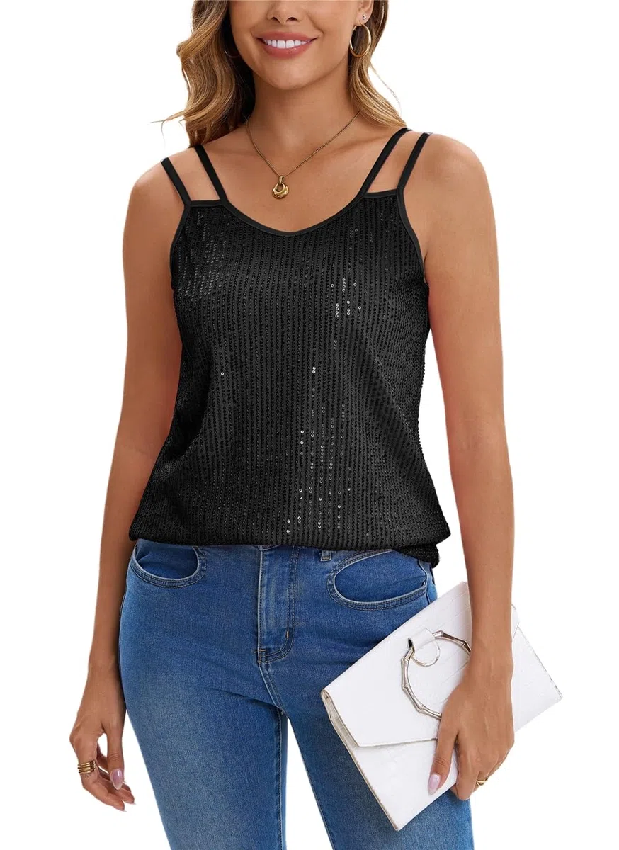 Gilet da donna senza maniche con paillettes top scollo a V top scintillante
