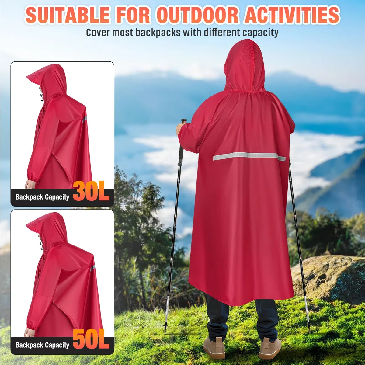 LUROON Poncho Antipioggia Impermeabile Donna Uomo con Maniche e Tasca, Riutilizzabili Mantella Antipioggia, Impermeabile Portatile con Cappuccio Strisce Riflettenti per Adulto Per Escursionismo Viaggi