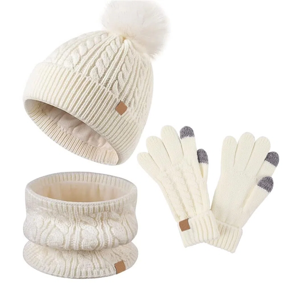 Lifup 3 Pezzi Bambini Inverno Beanie Cappello Sciarpa Guanti Set, Termico Maglia Crochet Spessa Pom Kids Beanie Cappello Sciarpa Guanti per 5-12 Anni Ragazzi Ragazze
