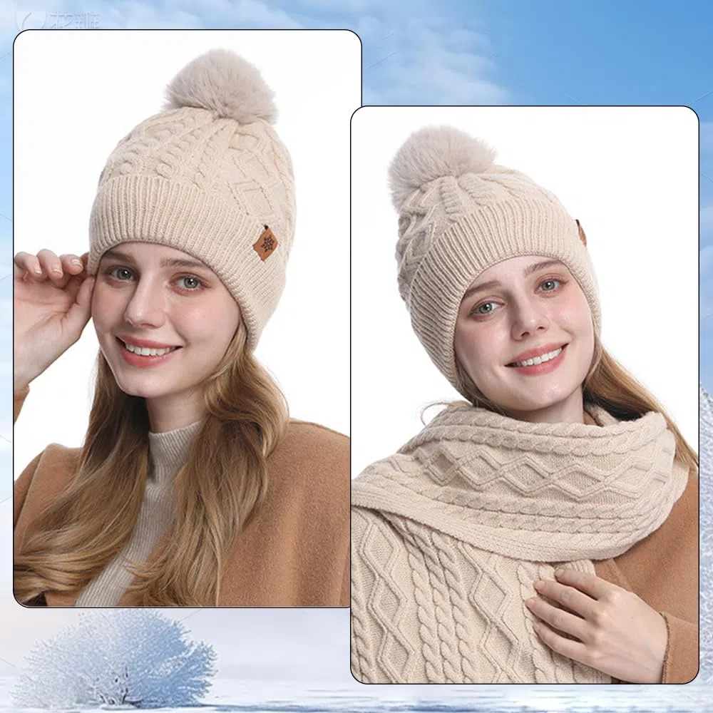 Oneshlee Berretto invernale con touch screen e sciarpa lunga per donna, berretto lavorato a maglia da donna, con palla di peluche, caldo berretto invernale, guanti a maglia, sciarpa, berretto 3 in 1,