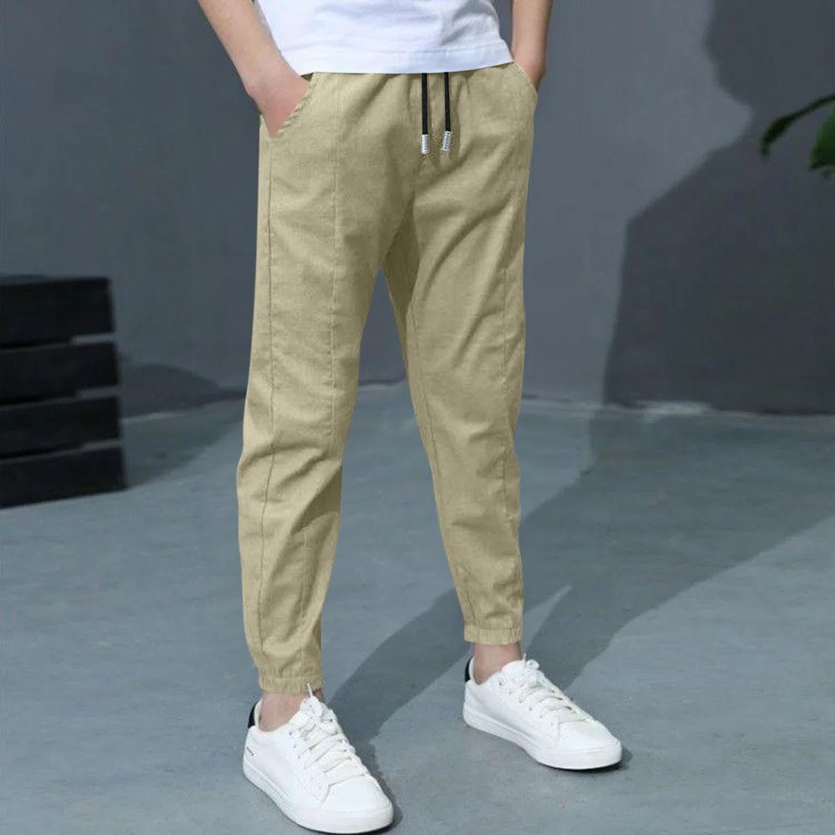 Confezione da 2 pantaloni in lino estivi classici alla moda pantaloni chino con coulisse, pantaloni sportivi leggeri, casual, tinta unita, uniforme scolastica, età 3-13 anni