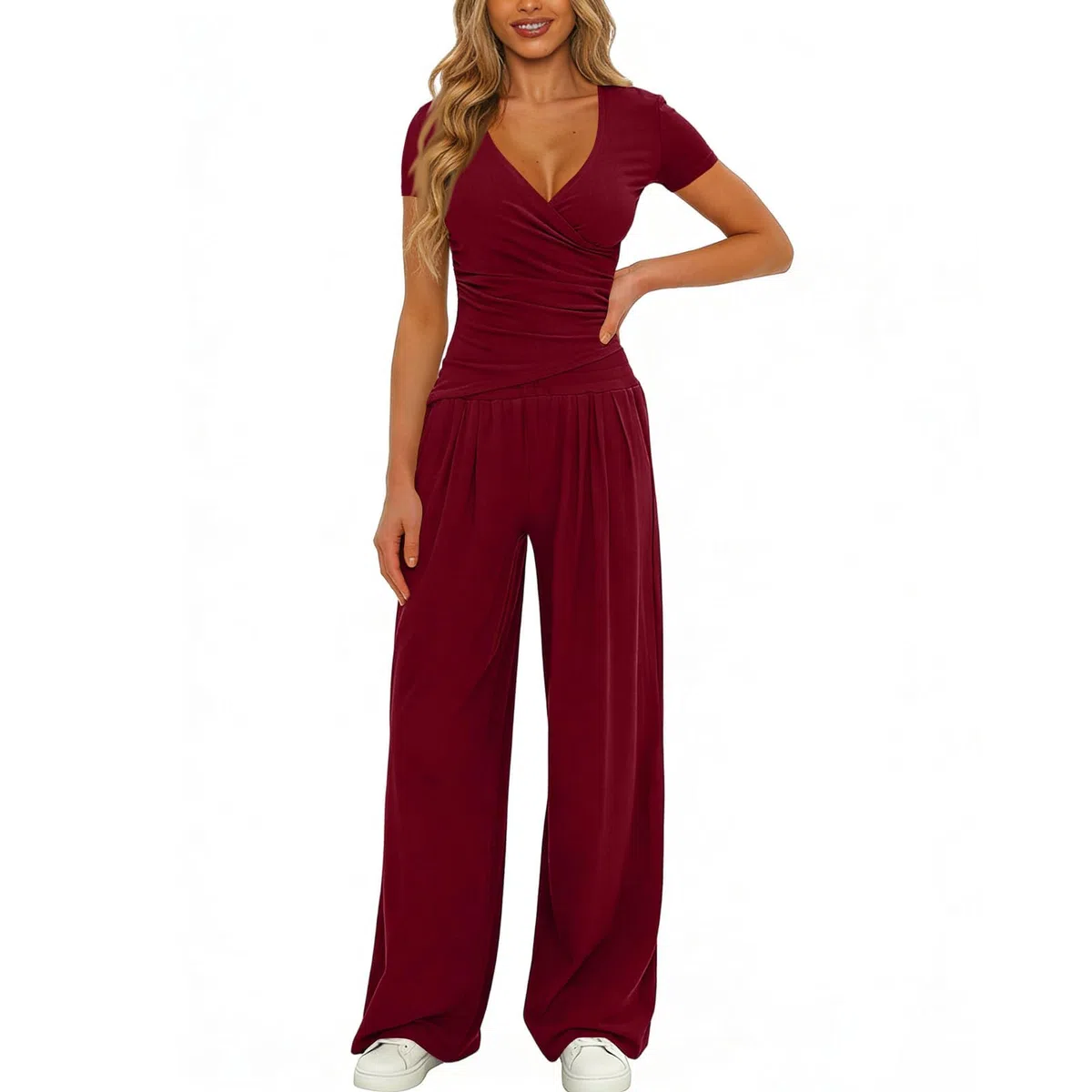 LIAMERHE Set Due Pezzi Donna Estivo Casual Manica Corta Scollo a V a Portafoglio e Pantaloni Larghi a Vita Alta con Tasche Tuta Sportiva Elegante Completo Loungewear e Abbigliamento da Casa