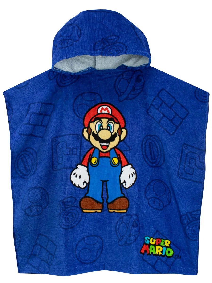 SUPER MARIO BROS Costume da bagno Gioco poncho asciugamano con cappuccio giochi per bambini taglia unica blu