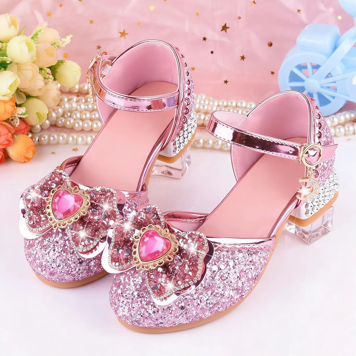 Scarpe Principessa Bambina Scarpe Tacco Bimba Glitterate Scarpe in Pelle per Ragazze Performance Scarpe di Cristallo Eleganti