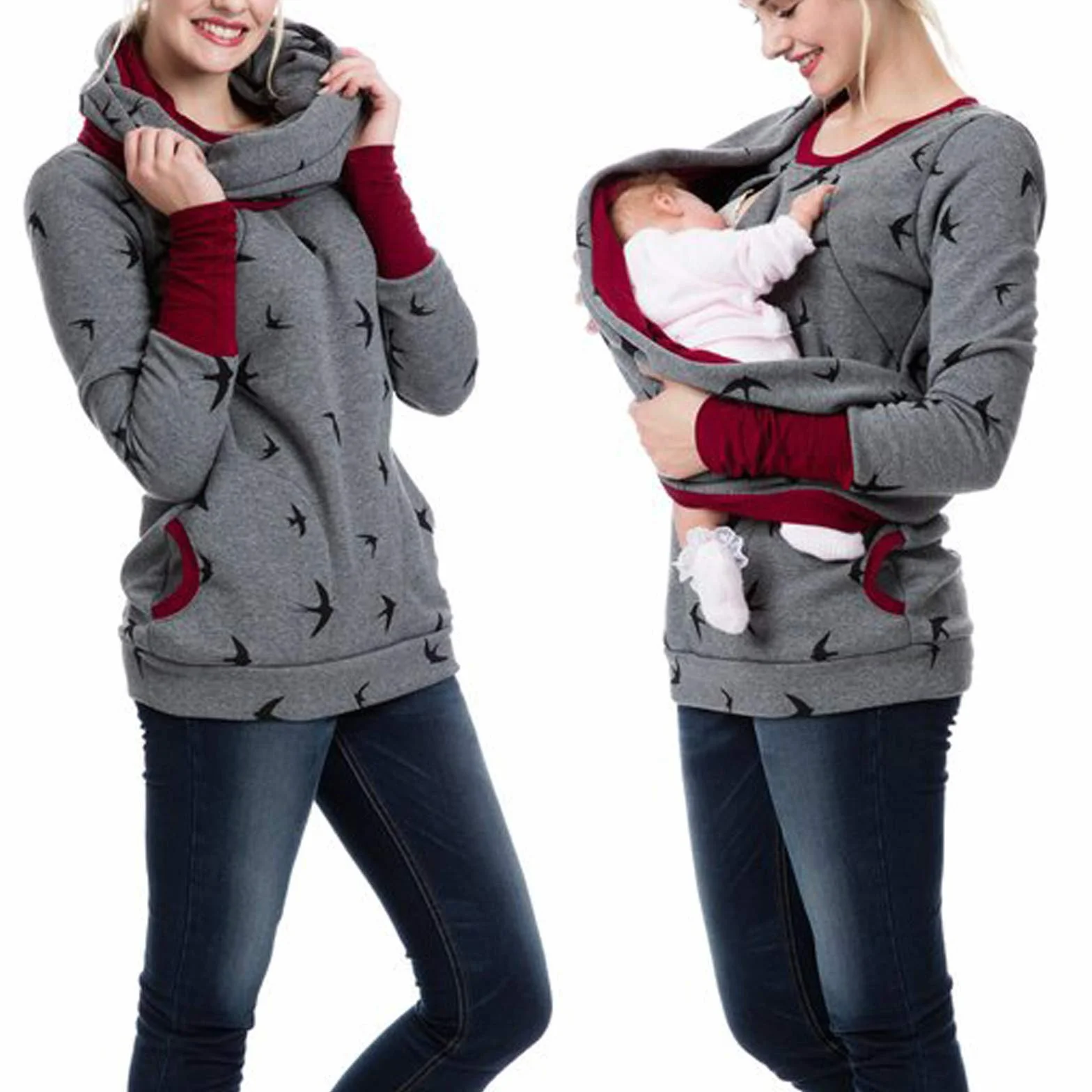 MaNMaNing Felpa con Cappuccio Top Sweatershirt Infermieristica maternità Maglione Incinta Allattamento al Seno Camicetta per maternità (Wine, L)