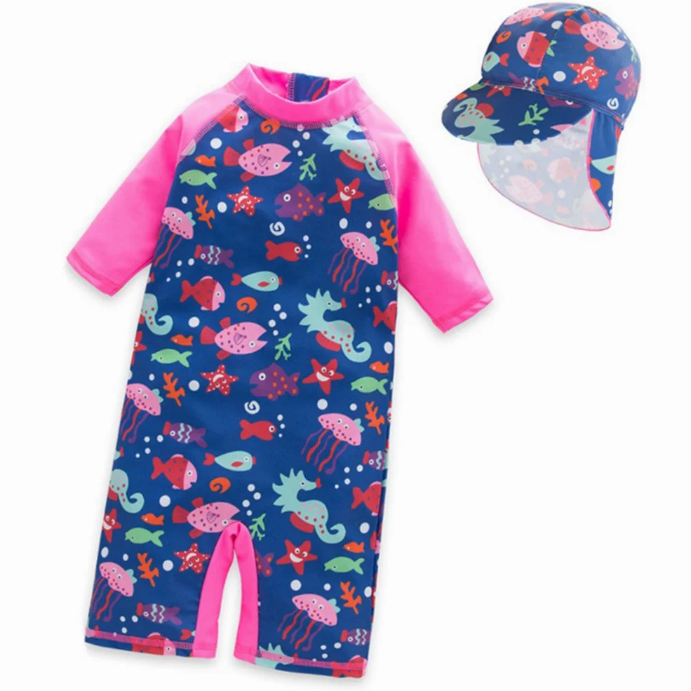 Tuta Costume da Bagno Intero Ragazze Bambina Protezione Solare UPF 50+ con Cappello da Sole Cartone