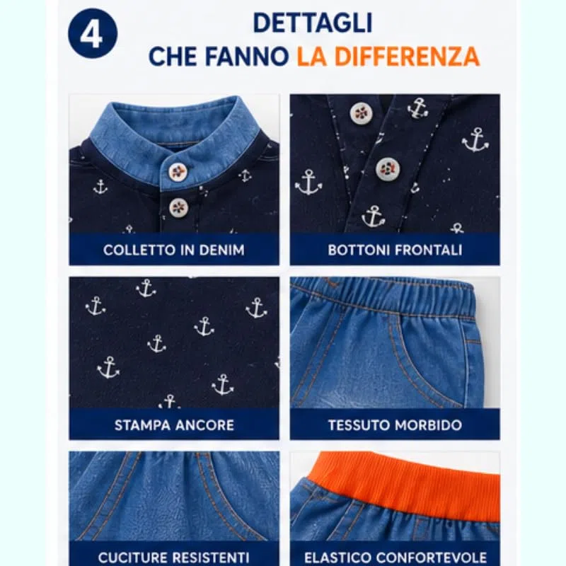 OrJana Completo Bambino 2 Pezzi, Polo con Ancore e Pantaloncini Jeans Leggeri Blu