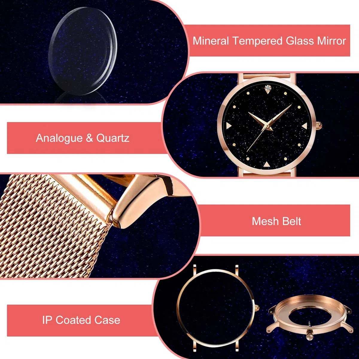 Orologi da donna ragazze, da polso al quarzo analogico Impermeabile 3ATM con cinturino in maglia di acciaio inossidabile oro rosa con quadrante blu con cielo stellato